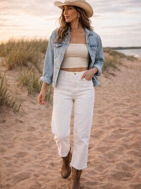 Hidden High Rise White Straight Leg Jeans Frayed Hem Coastal Cowgirl Size 30